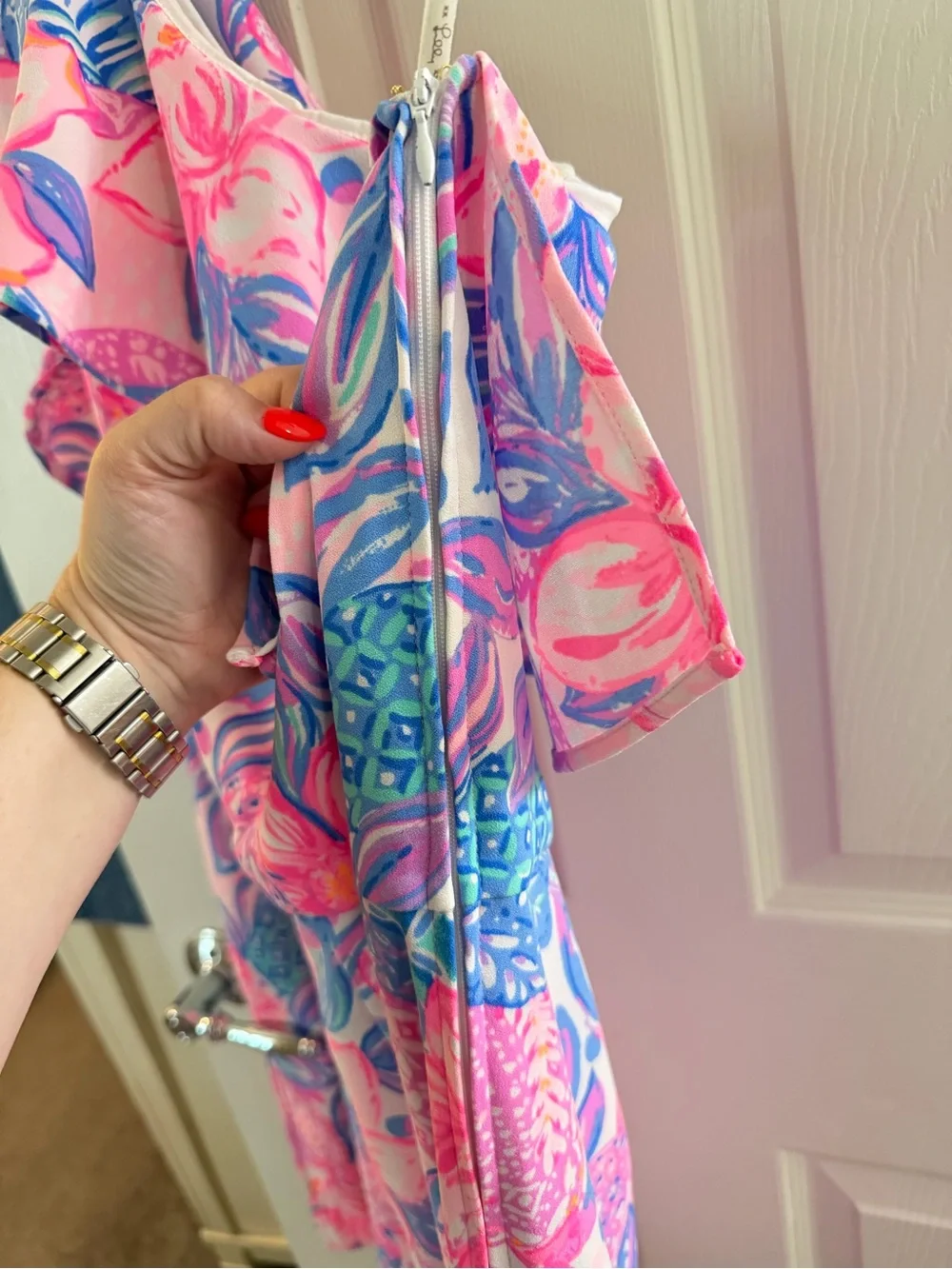 Lilly Pulitzer Pink Floral One-Shoulder Ruffle Shift Dress - Picture 10 of 10